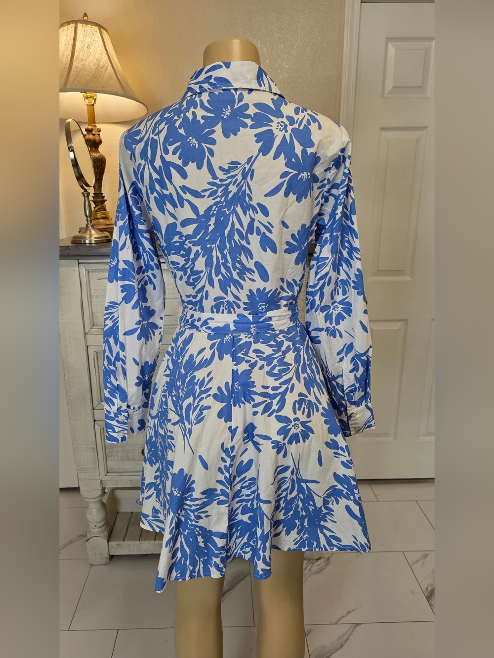 a new day Blue and White Floral Shirt Dress with Tie Waist - Picture 6 of 11